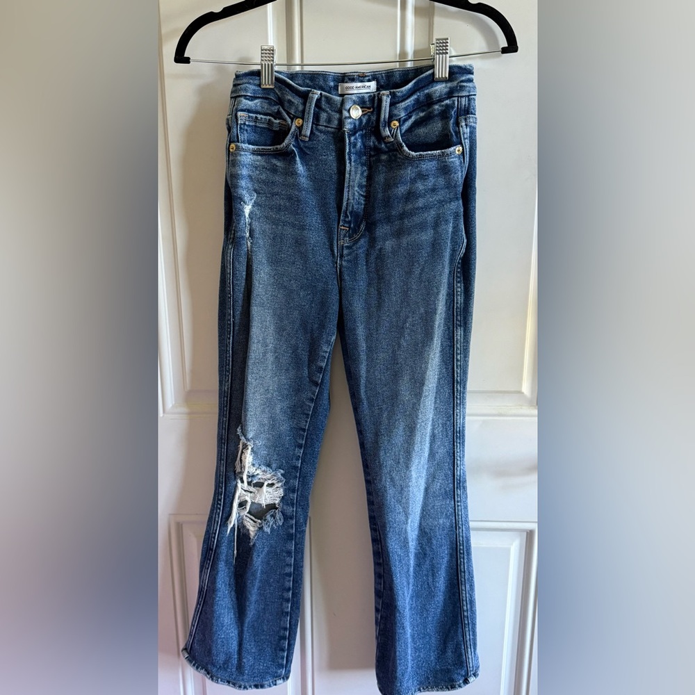 Good American Dark Blue Straight Leg Distressed Jeans
